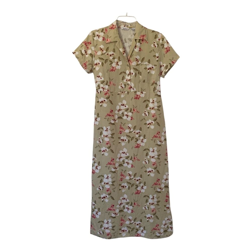 Vintage Linen Midi Dress SZ 10 Beige Belted Cherry Blossoms 80s Feminine Retro